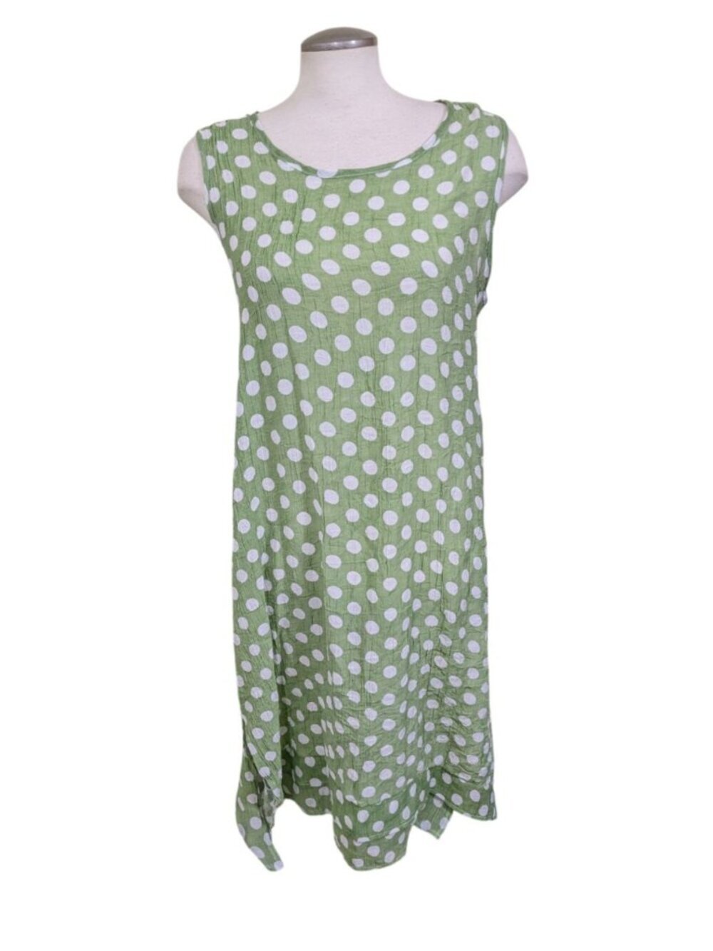 Papa Vancouver Dress Womens L Green Polka Dot Sleeveless Shift Linen Cotton